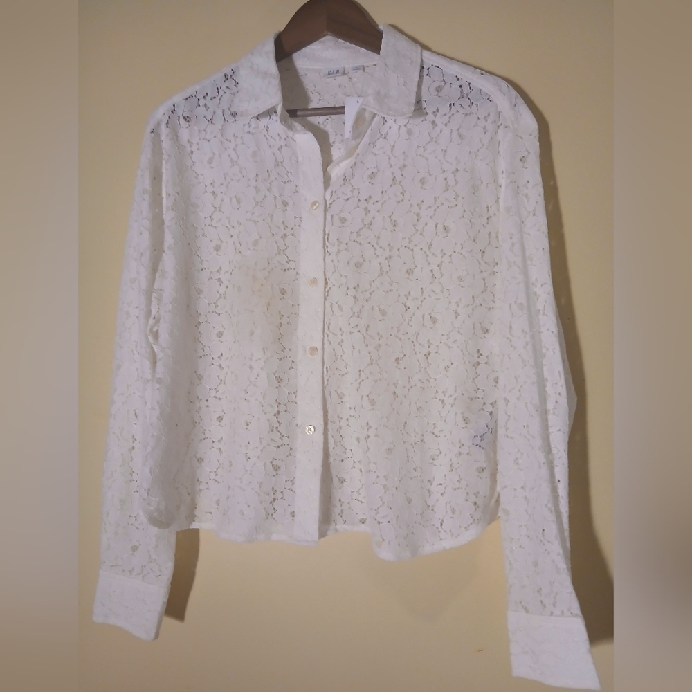 GAP White Lace Button-Down Shirt Sz M
